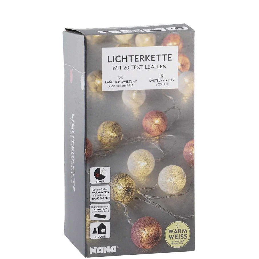 Lichterwelt | Nanu-Nana Lichterkette Textilball, Weis/Grau/Pink, 20 Led'S